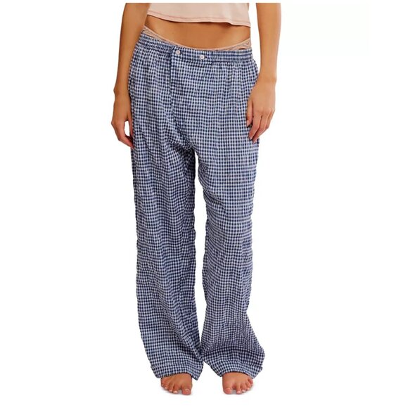 FREE PEOPLE Cloud Ten Check Print Pajama Pants in Navy Combo Size Small - Picture 1 of 7